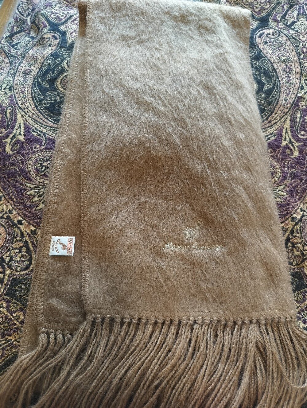 Alpaca Camargo Camel Tan Fringed Scarf Made in Peru